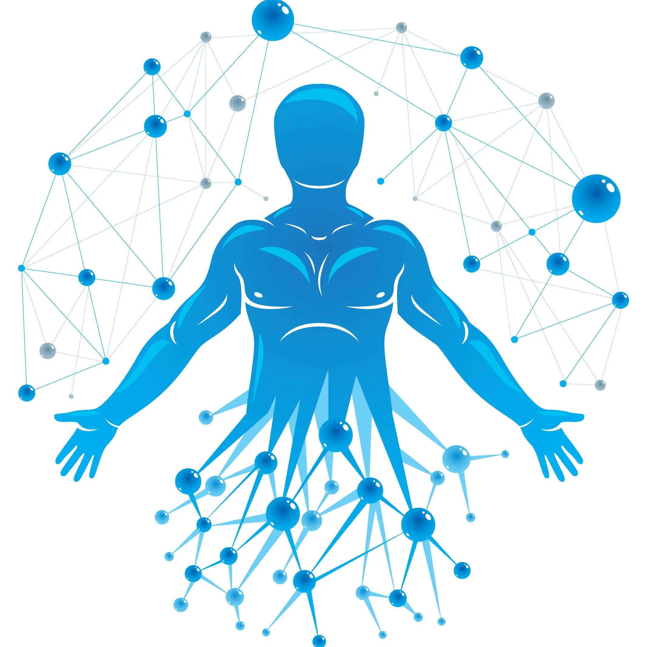 Illustration of the human body with blue dots symbolizing energy and Medical
